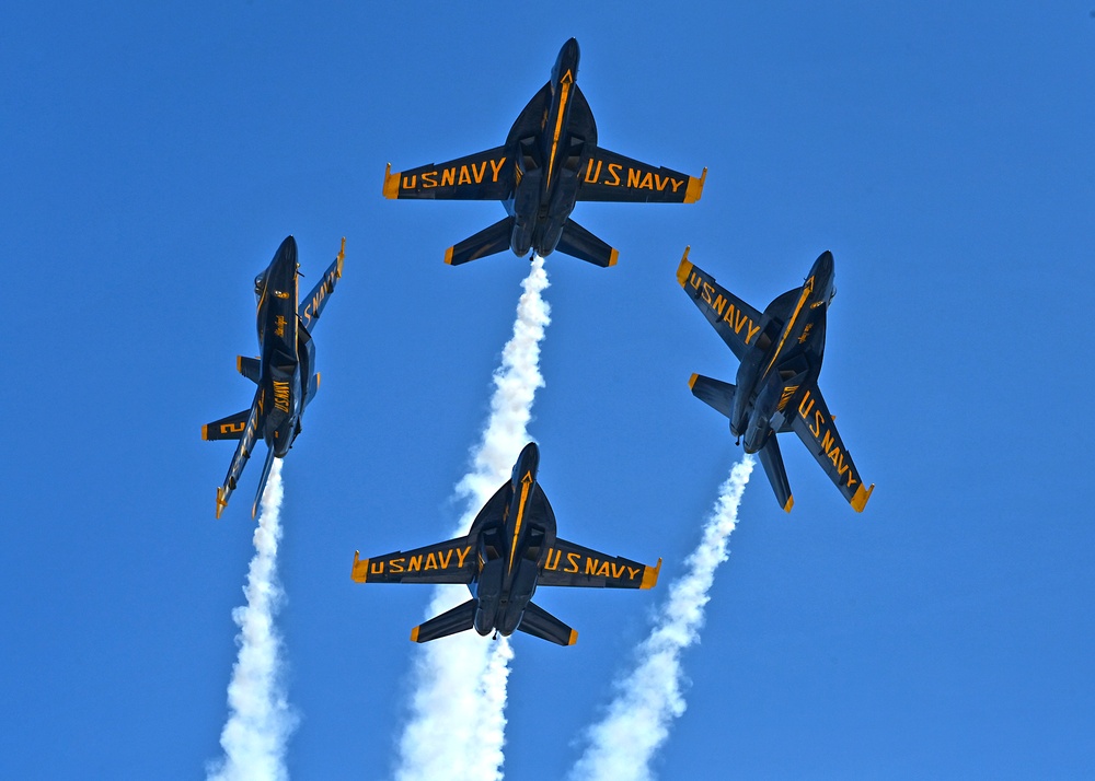 The U.S. Navy Flight Demonstration Team, the Blue Angels perform in Wichita, Kansas at the Frontiers In Flight Air Show.