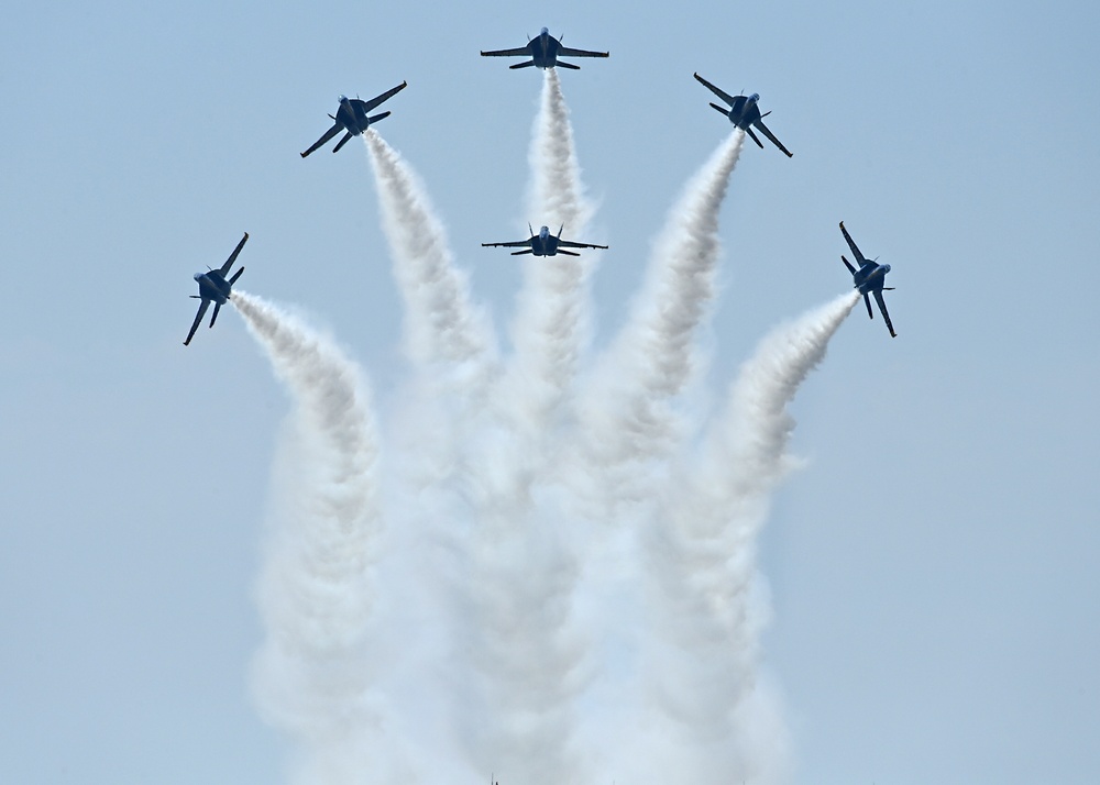 The U.S. Navy Flight Demonstration Team, the Blue Angels, perform in Wichita, Kansas at the Frontiers In Flight Air Show. (U.S. Navy photo by Chief Mass Communication Specialist Michael Russell/Released)