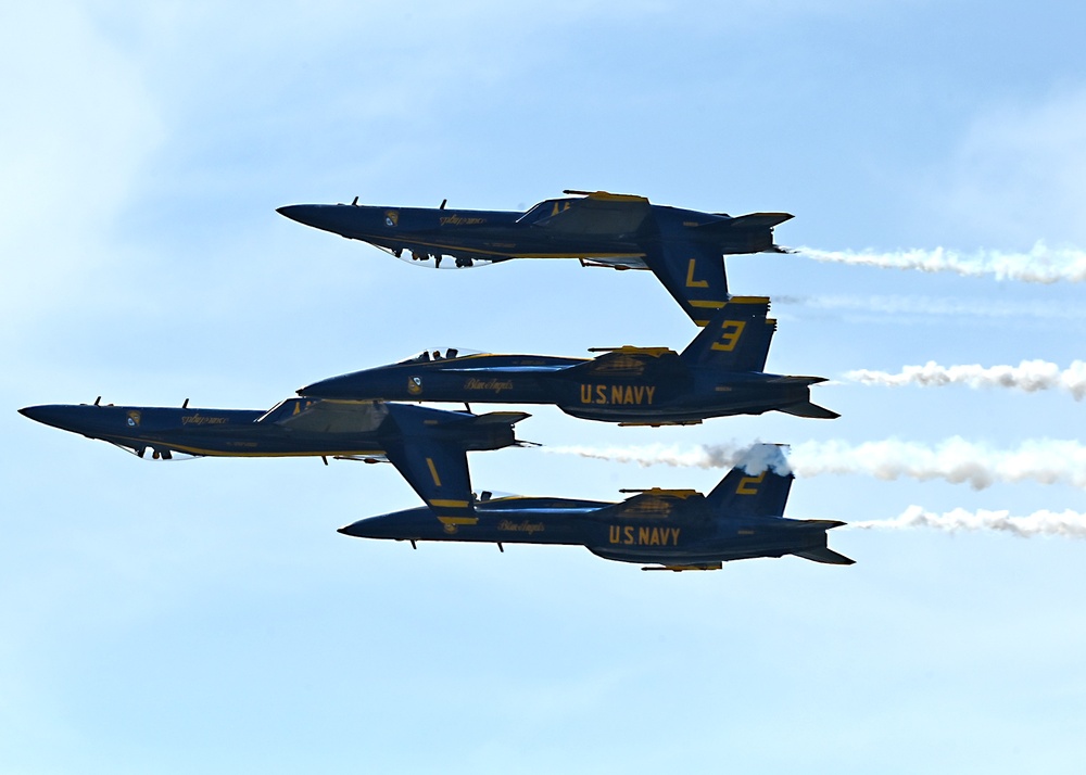 The U.S. Navy Flight Demonstration Team, the Blue Angels, perform in Wichita, Kansas at the Frontiers In Flight Air Show.