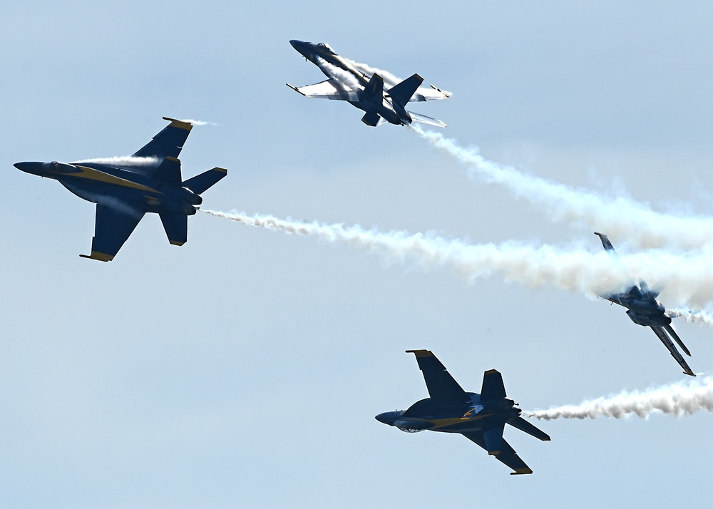 The U.S. Navy Flight Demonstration Team, the Blue Angels, perform in Wichita, Kansas at the Frontiers In Flight Air Show.