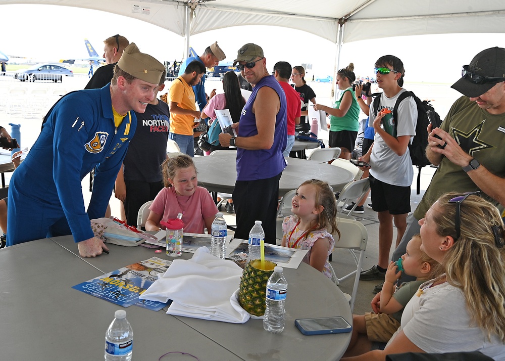 The U.S. Navy Flight Demonstration Team, the Blue Angels, perform in Wichita, Kansas at the Frontiers In Flight Air Show.