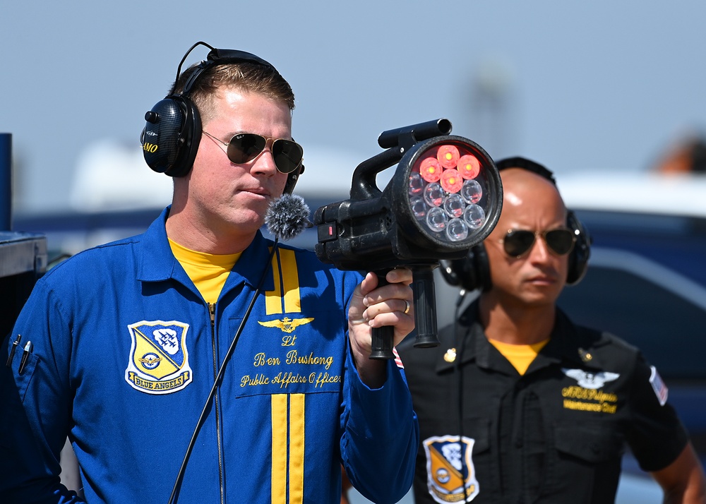 The U.S. Navy Flight Demonstration Team, the Blue Angels, perform in Wichita, Kansas at the Frontiers In Flight Air Show.