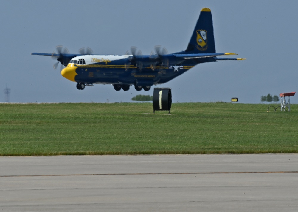 The U.S. Navy Flight Demonstration Team, the Blue Angels, perform in Wichita, Kansas at the Frontiers In Flight Air Show.