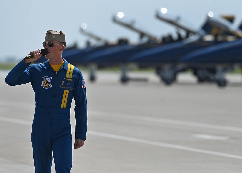 The U.S. Navy Flight Demonstration Team, the Blue Angels, perform in Wichita, Kansas at the Frontiers In Flight Air Show.