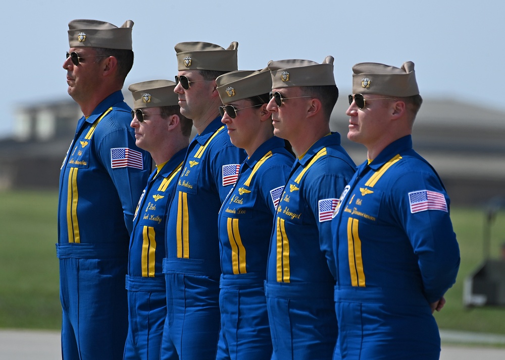 The U.S. Navy Flight Demonstration Team, the Blue Angels, perform in Wichita, Kansas at the Frontiers In Flight Air Show.