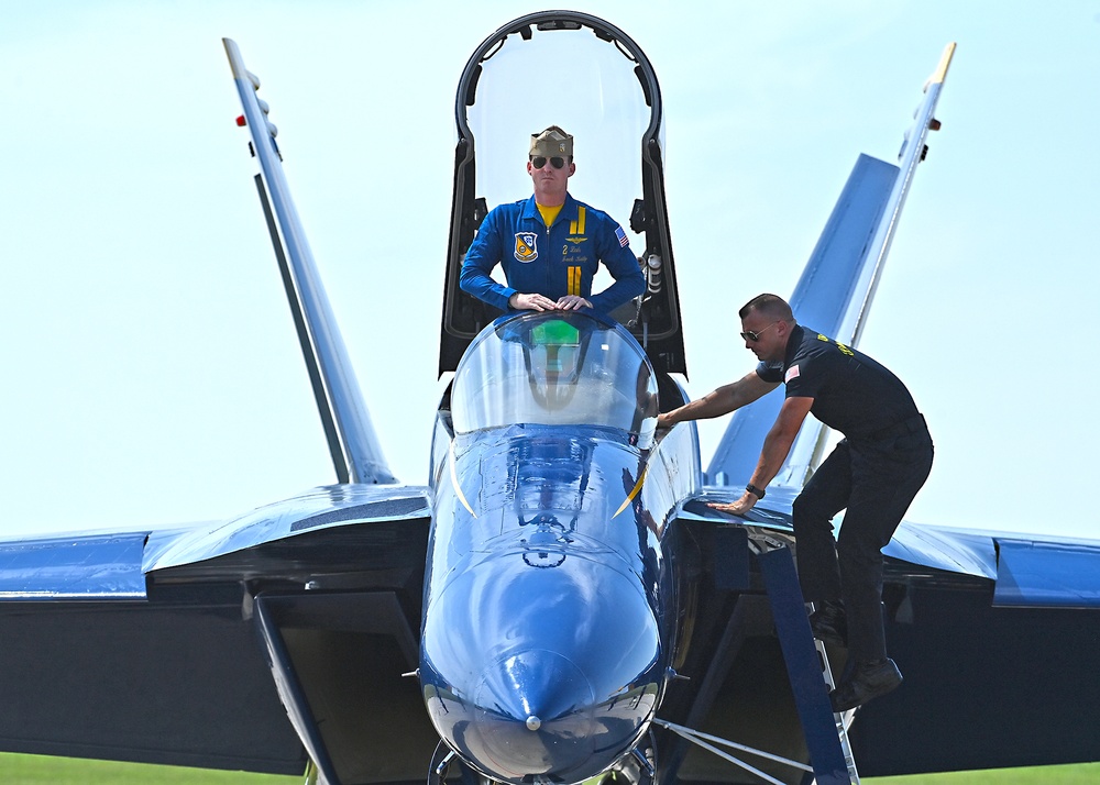 The U.S. Navy Flight Demonstration Team, the Blue Angels, perform in Wichita, Kansas at the Frontiers In Flight Air Show.