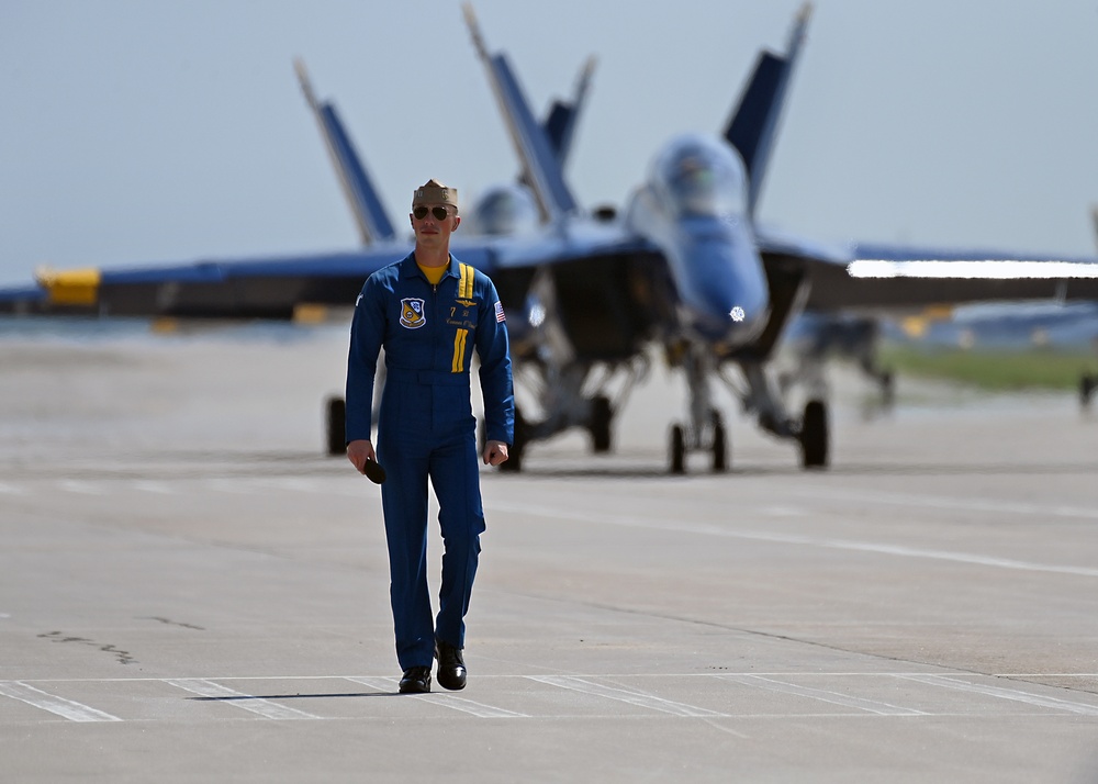 The U.S. Navy Flight Demonstration Team, the Blue Angels, perform in Wichita, Kansas at the Frontiers In Flight Air Show.