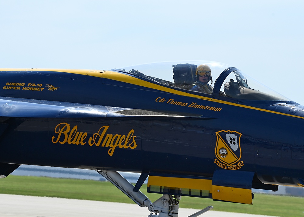 The U.S. Navy Flight Demonstration Team, the Blue Angels, perform in Wichita, Kansas at the Frontiers In Flight Air Show.