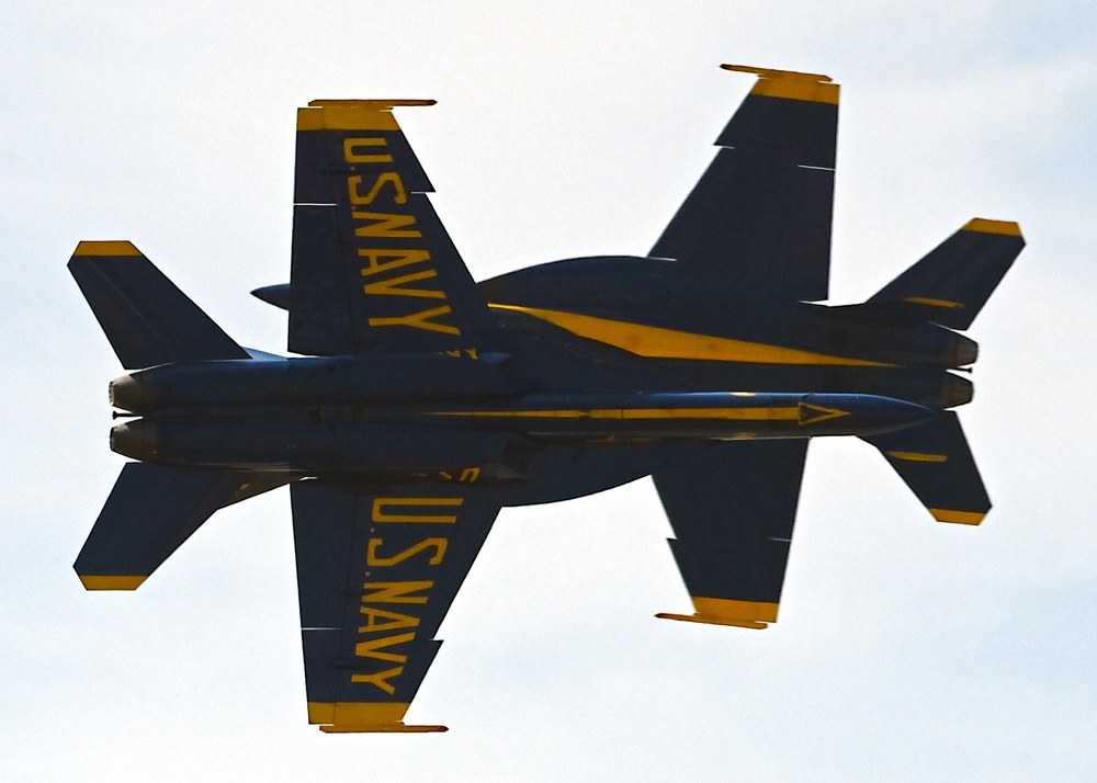 The U.S. Navy Flight Demonstration Team, the Blue Angels, perform in Wichita, Kansas at the Frontiers In Flight Air Show.