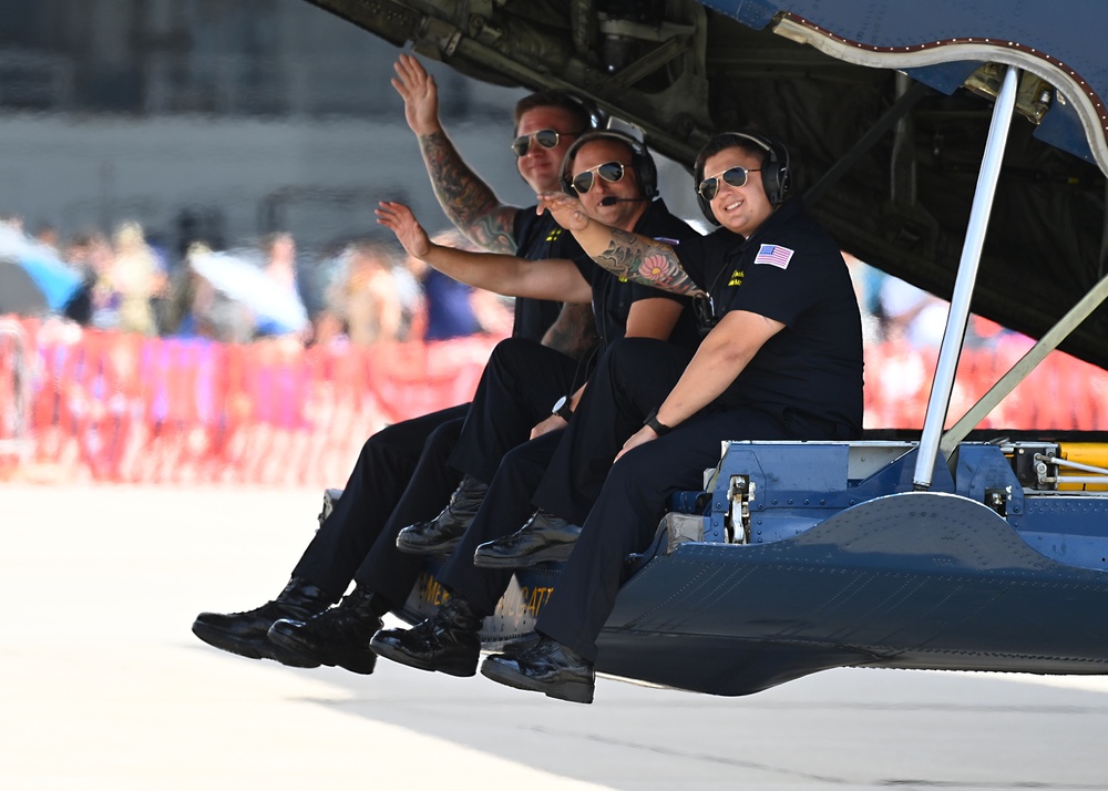 The U.S. Navy Flight Demonstration Team, the Blue Angels, perform in Wichita, Kansas at the Frontiers In Flight Air Show.