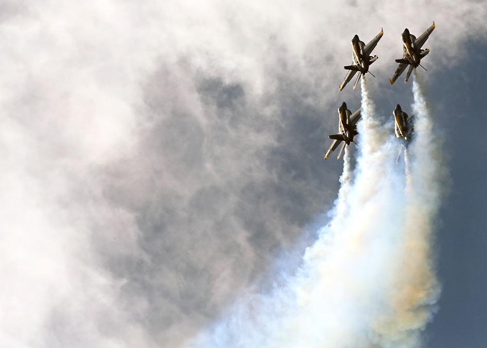 The U.S. Navy Flight Demonstration Team, the Blue Angels, perform in Wichita, Kansas at the Frontiers In Flight Air Show.