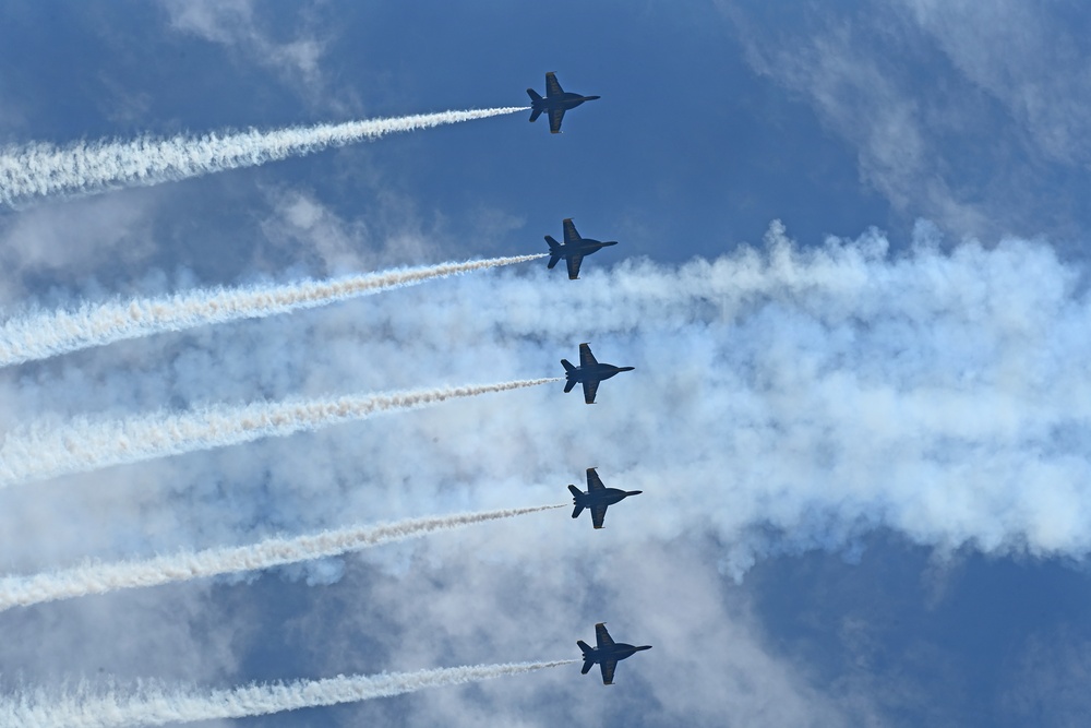 The U.S. Navy Flight Demonstration Team, the Blue Angels, perform in Wichita, Kansas at the Frontiers In Flight Air Show.