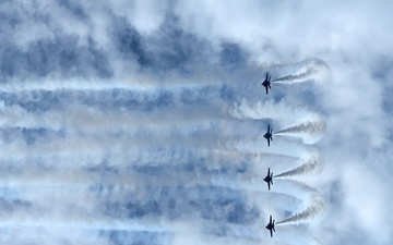 The U.S. Navy Flight Demonstration Team, the Blue Angels, perform in Wichita, Kansas at the Frontiers In Flight Air Show.