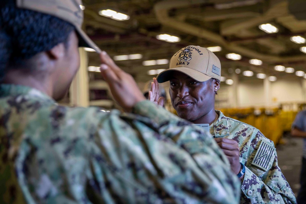 HM2 Kamala Reid-Allen Departs USS Tripoli (LHA 7)