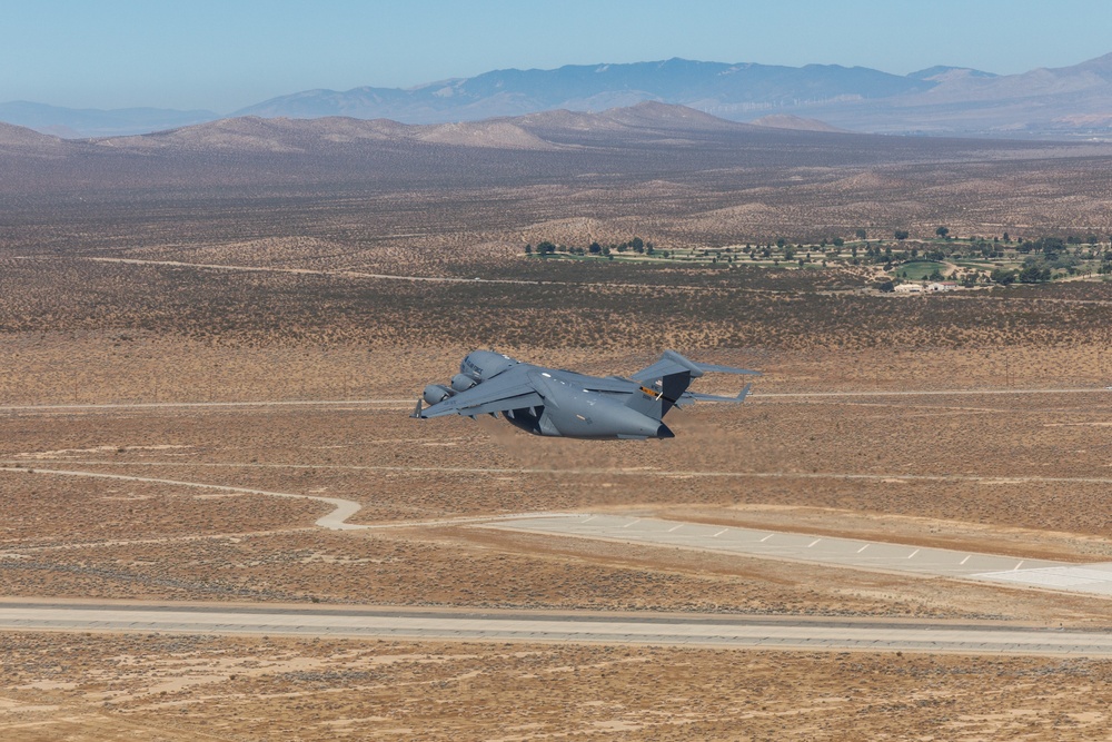 Two C-17s Fly Formation Over Edwards AFB