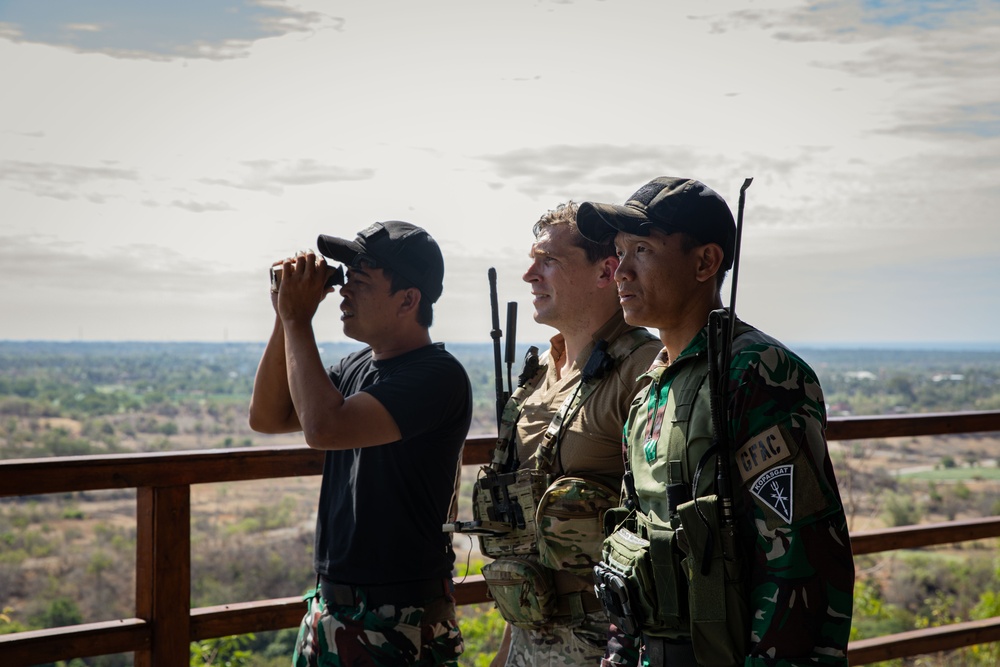 Members of the Indonesian National Armed Forces survey the landscape while training with U.S. Air Force Tactical Air Control Party during Super Garuda Shield 2024