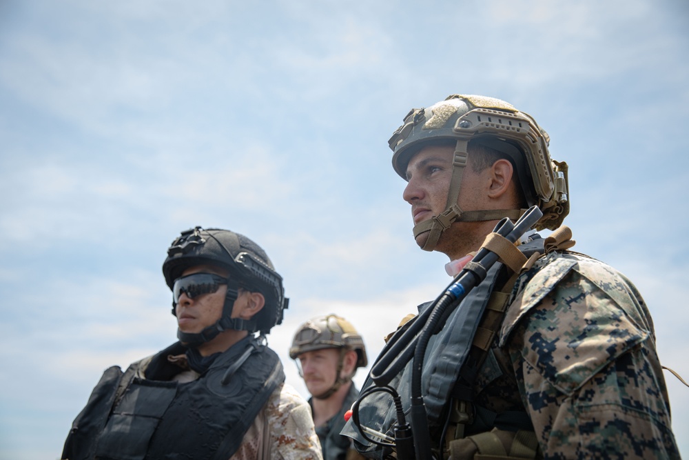 U.S. Marines Sgt. Ginovanni Correa waits for the go-ahead before the amphibious landing training exercise during Super Garuda Shield 2024