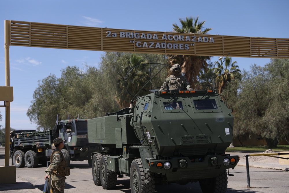 The U.S. Army conducts convoy of M142 High Mobility Artillery Rocket System to Chilean desert