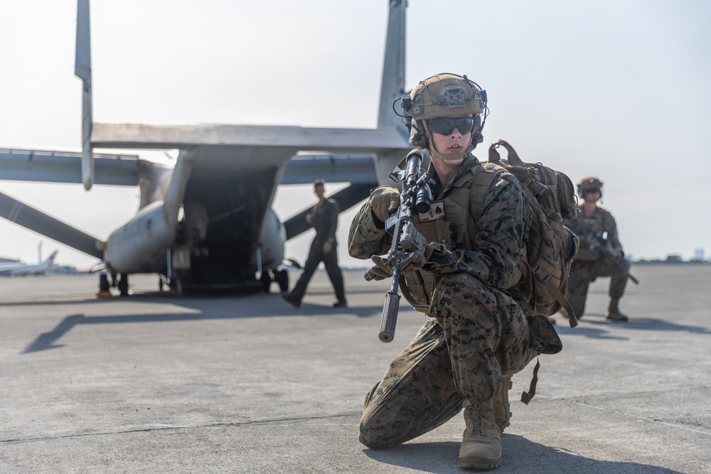 MRF-D 24.3: 1st Bn., 1st Marines rehearses on, off drills with Indonesian Soldiers in MV-22B Osprey during Super Garuda Shield 2024