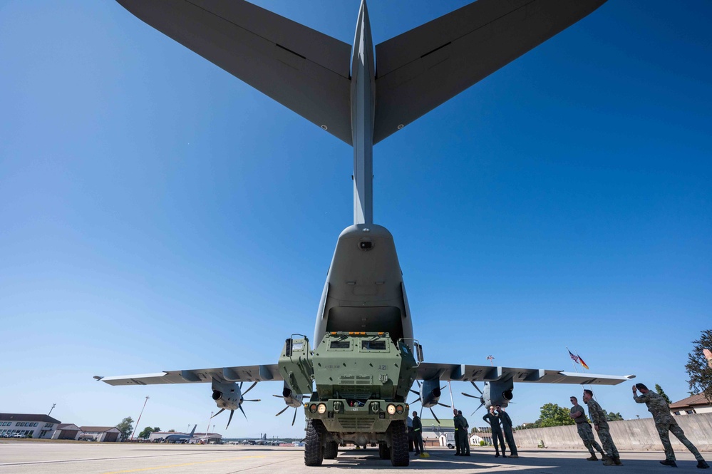 NATO Allies cold load U.S. Army HIMARS onto A400M