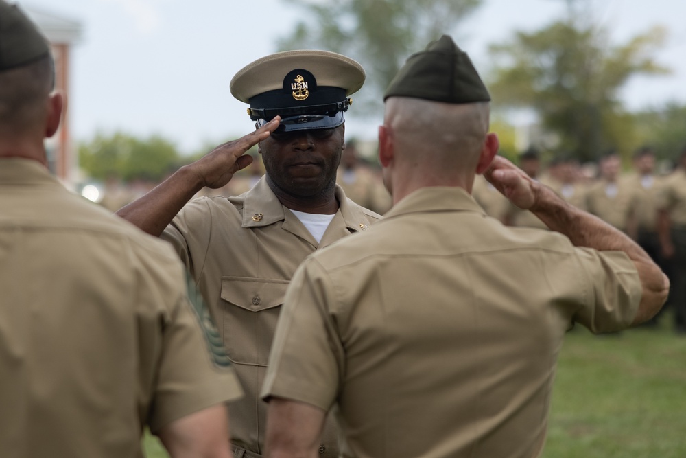 U.S. Navy Chief Religious Program Specialist Kenneth Armstead receives the Fleet Marine Force Warfare Insignia