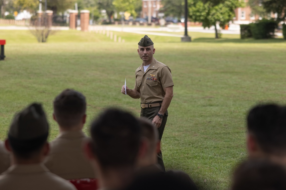 U.S. Navy Chief Religious Program Specialist Kenneth Armstead receives the Fleet Marine Force warfare insignia