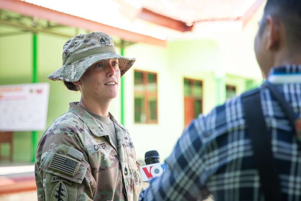 U.S. Army Sgt. 1st Class Kelly Carter of the 610th Engineer Support Company, 864th Engineer Battalion, is interviewed on her experience working with the Indonesian National Armed Forces, during Super Garuda Shield 2024