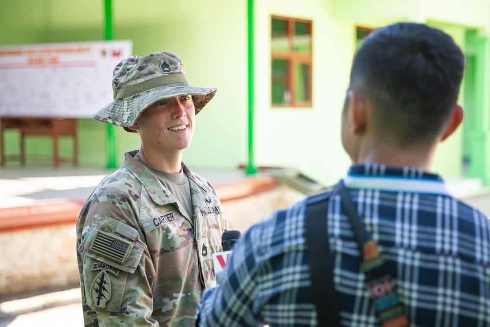 U.S. Army Sgt. 1st Class Kelly Carter of the 610th Engineer Support Company, 864th Engineer Battalion, is interviewed on her experience working with the Indonesian National Armed Forces, during Super Garuda Shield 2024