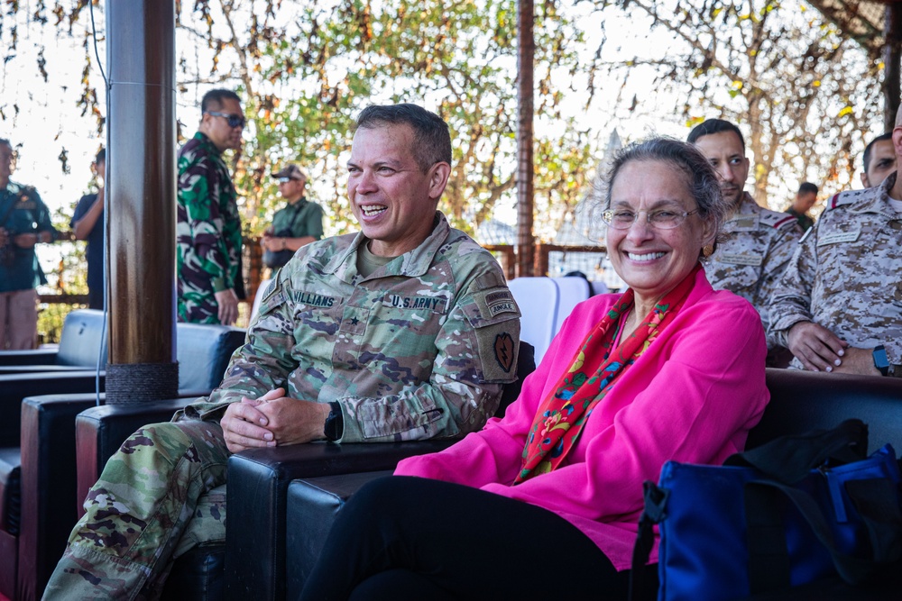 U.S. Ambassador to Indonesia with U.S. Army Brig. Gen. Kevin Williams observes the combined live fire training exercise during Super Garuda Shield