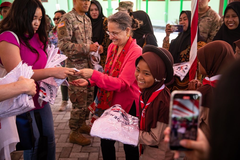U.S. Ambassador to Indonesia, Kamala Shirin Lakhdhir, tours the newly renovated school in Palangan, Indonesia, during Super Garuda Shield