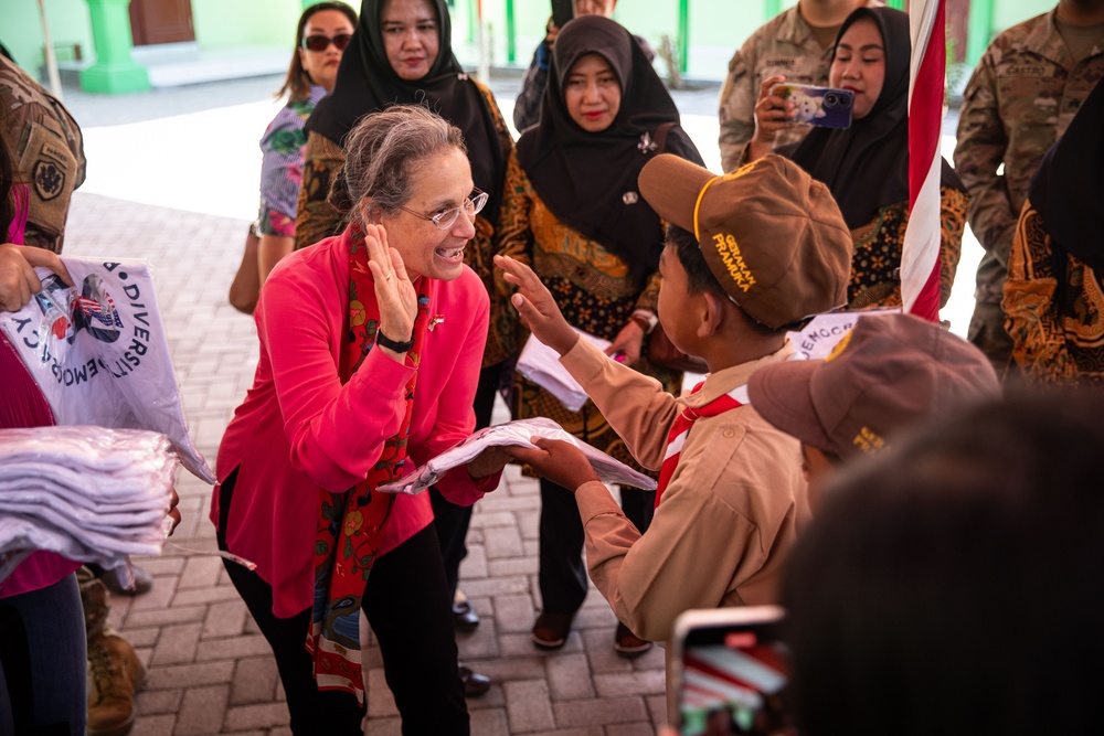 U.S. Ambassador to Indonesia, Kamala Shirin Lakhdhir, tours the newly renovated school in Palangan, Indonesia, during Super Garuda Shield