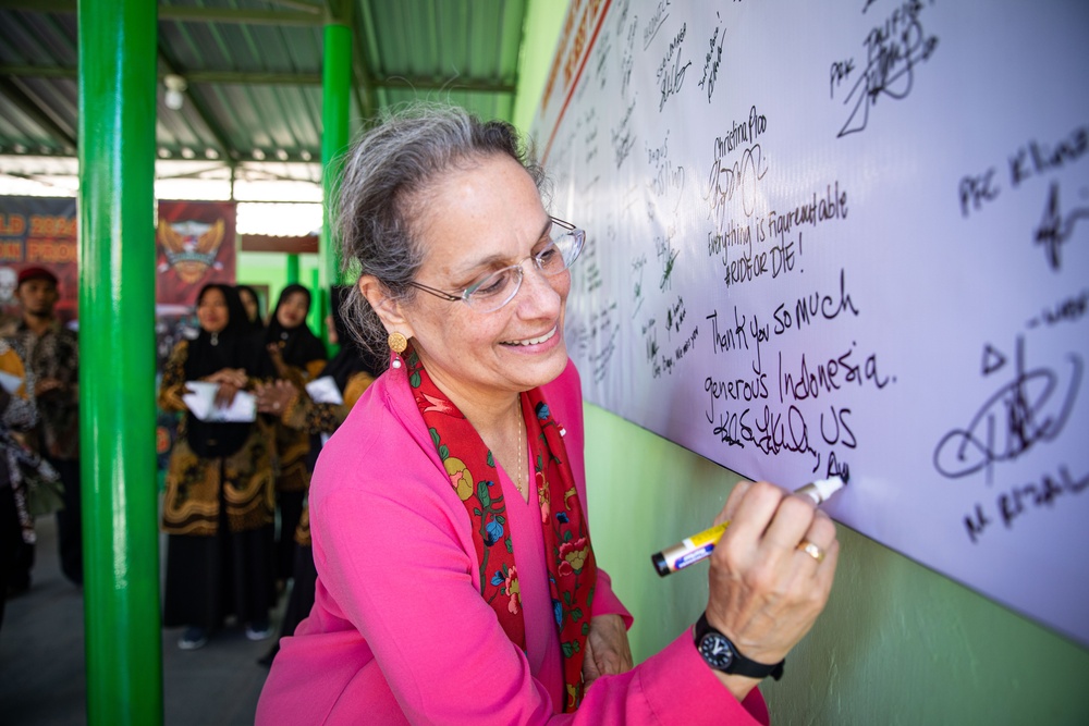 U.S. Ambassador to Indonesia, Kamala Shirin Lakhdhir, tours the newly renovated school in Palangan, Indonesia, during Super Garuda Shield