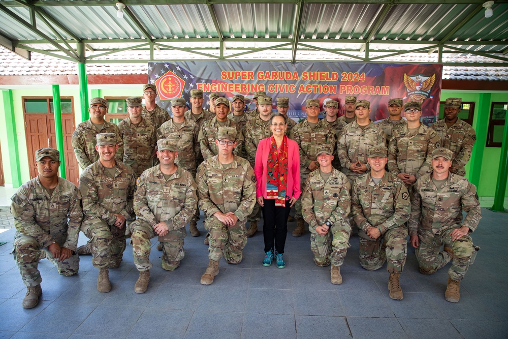 U.S. Ambassador to Indonesia, Kamala Shirin Lakhdhir, tours the newly renovated school in Palangan, Indonesia, with U.S. Army Soldiers from the 610th Engineer Support Company, 864th Engineer Battalion during Super Garuda Shield