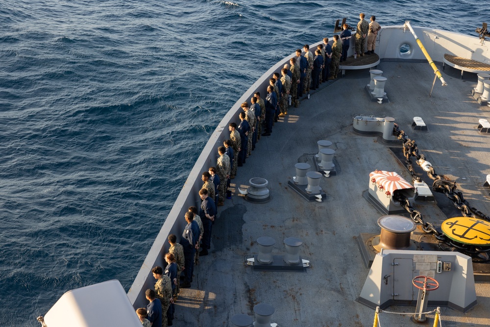 USS Green Bay conducts a Pass and Review while departing Super Garuda Shield 2024