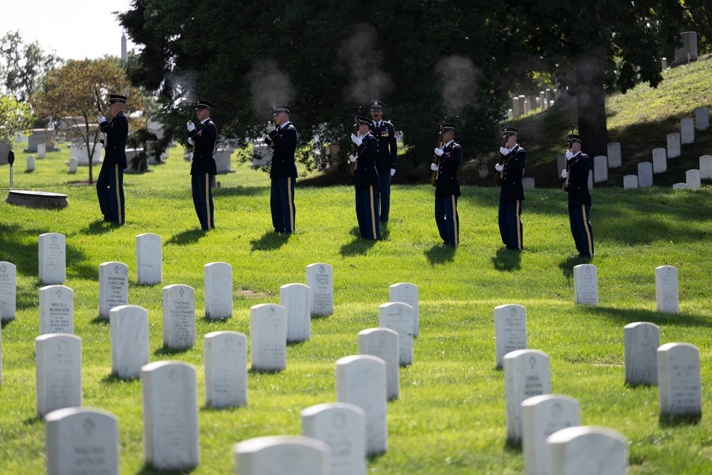 Military Funeral Honors with Funeral Escort are Conducted for U.S. Army Chaplain (1st Lt.) George Fox