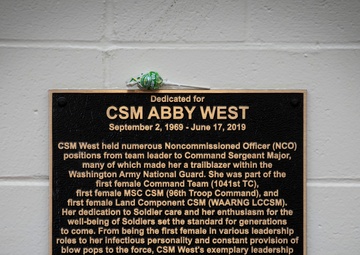 Guard leaders honor CSM Abby West during Assembly Hall dedication