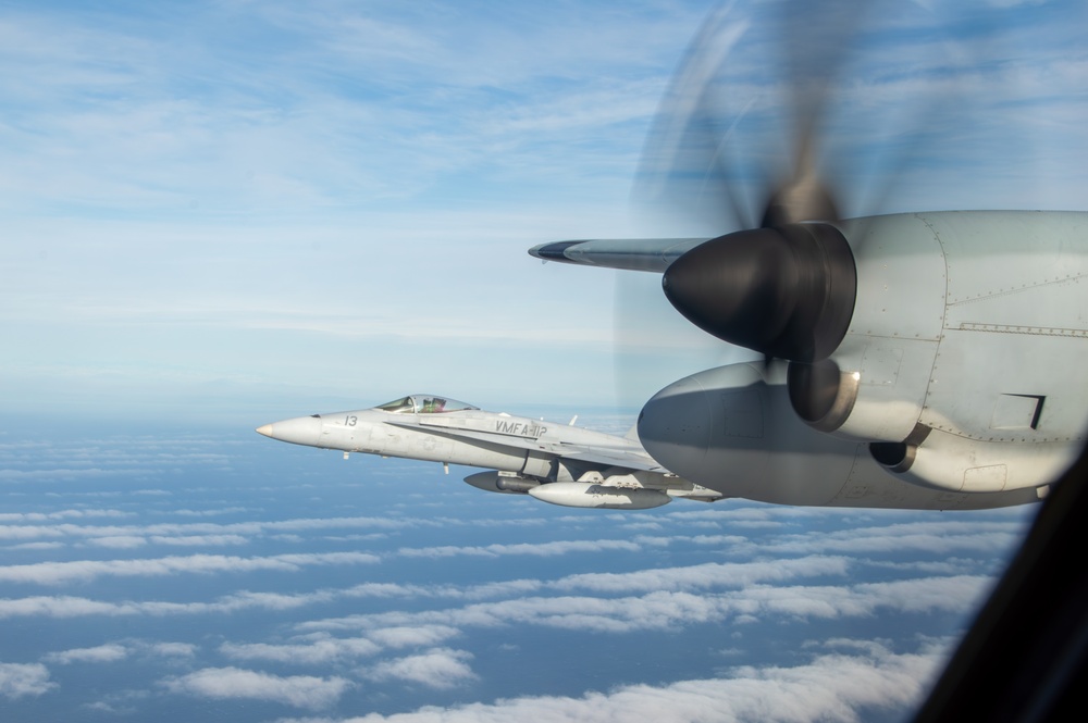 U.S. Marine F/A-18s and KC-130J participate in UNITAS LXV Flyover