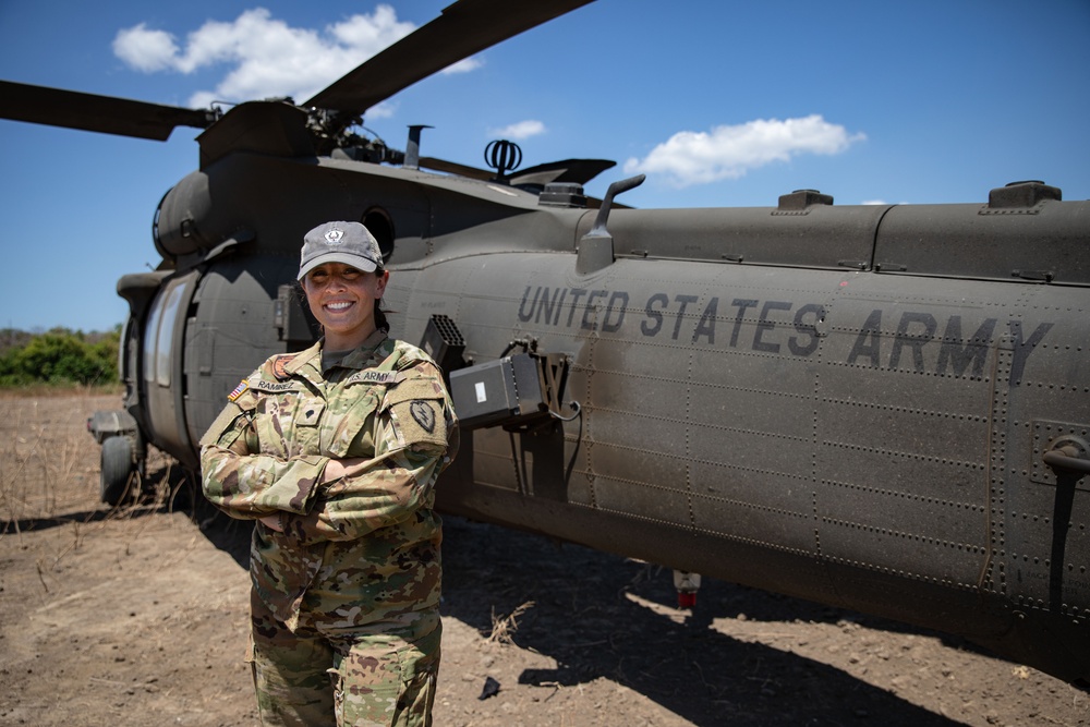 U.S. Army Spc. Biranna Ramirez, a helicopter repairer with Bravo Company, 2-25th Aviation Regiment, 25th Combat Aviation Brigade, for Super Garuda Shield 2024