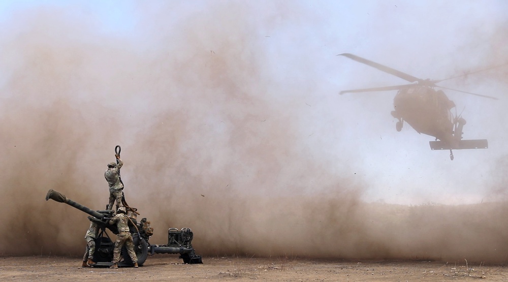 U.S. Army Soldiers from Bravo Company, 2-25th Aviation Regiment, 25th Combat Aviation Brigade, conduct the sling load training exercise during Super Garuda Shield 2024, Sept. 1, 2024