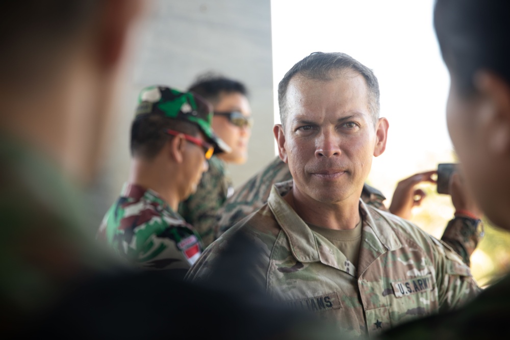 U.S. Army Brig. Gen. Kevin Williams, deputy commanding general of the 25th Infantry Division, observes the live fire training exercise with foreign military leaders during Super Garuda Shield