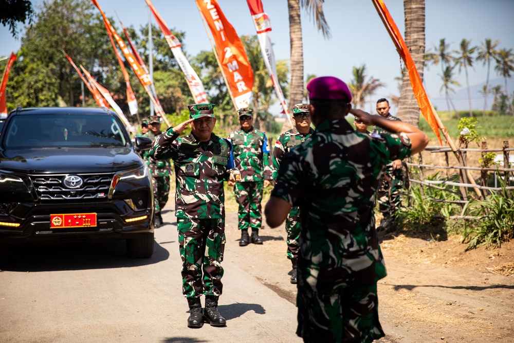 Members of the Indonesian National Armed Forces attend a ribbon cutting ceremony at the newly refurbished school in Palangan, Indonesia during Super Garuda Shield