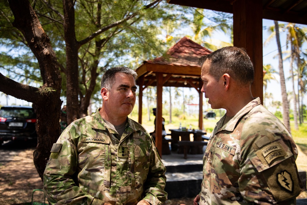 New Zealand Army Col. Paul Hayward and U.S. Army Brig. Gen. Kevin Williams attend a lunch and observe an amphibious assault exercise during Super Garuda Shield 2024