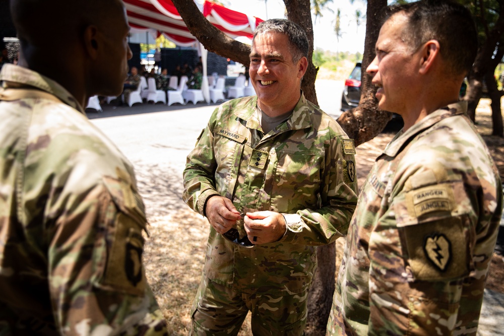 New Zealand Army Col. Paul Hayward U.S. Army Brig. Gen. Kevin Williams attend a lunch and observe an amphibious assault exercise during Super Garuda Shield 2024