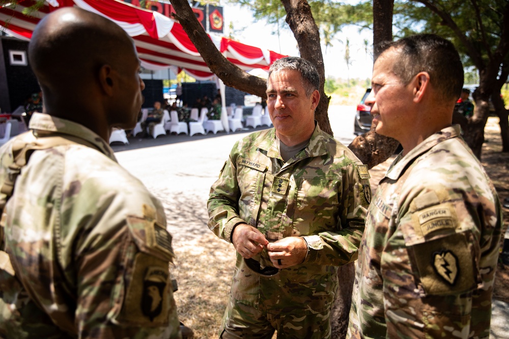 New Zealand Army Col. Paul Hayward and U.S. Army Brig. Gen. Kevin Williams attend a lunch and observe an amphibious assault exercise during Super Garuda Shield 2024