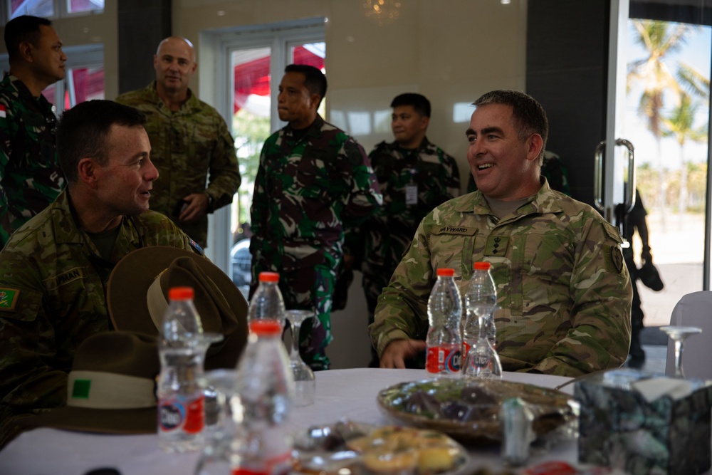 New Zealand Army Col. Paul Hayward, deputy commander of interoperability of the 25th Infantry Division, attends a lunch and observes an amphibious assault exercise during Super Garuda Shield 2024