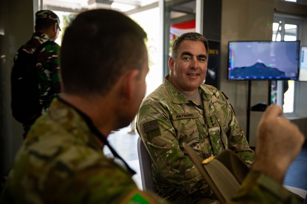 New Zealand Army Col. Paul Hayward, deputy commander of interoperability of the 25th Infantry Division, attends a lunch and observes an amphibious assault exercise during Super Garuda Shield 2024