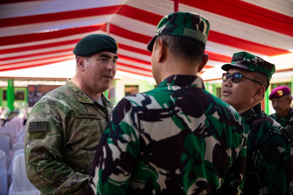 New Zealand Army Col. Paul Hayward, deputy commander of interoperability of the 25th Infantry Division, attends a ribbon cutting ceremony at the newly refurbished school in Palangan, Indonesia during Super Garuda Shield