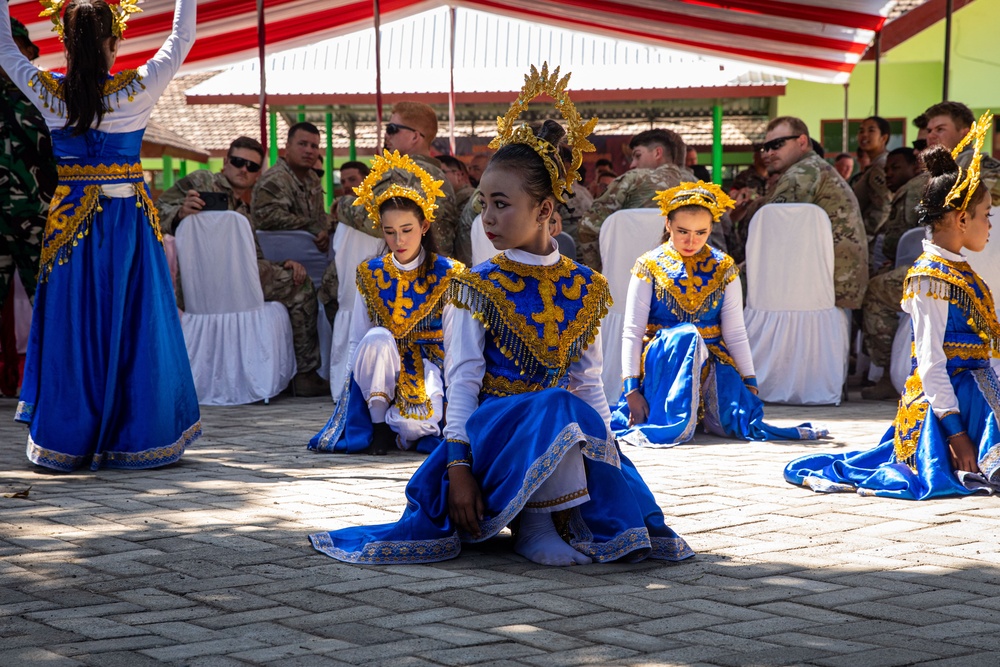 Children from Palangan, Indonesia perform their dance routine in celebration of their newly refurbished school during Super Garuda Shield, Sept. 5, 2024