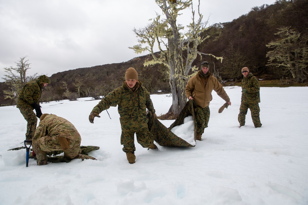 Chilean Marines teach cold-weather shelter building to U.S. Marines during UNITAS LXV