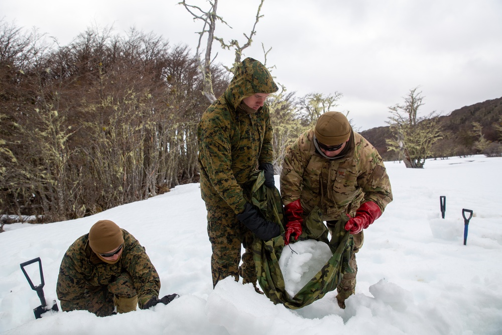 Chilean Marines teach cold-weather shelter building to U.S. Marines during UNITAS LXV